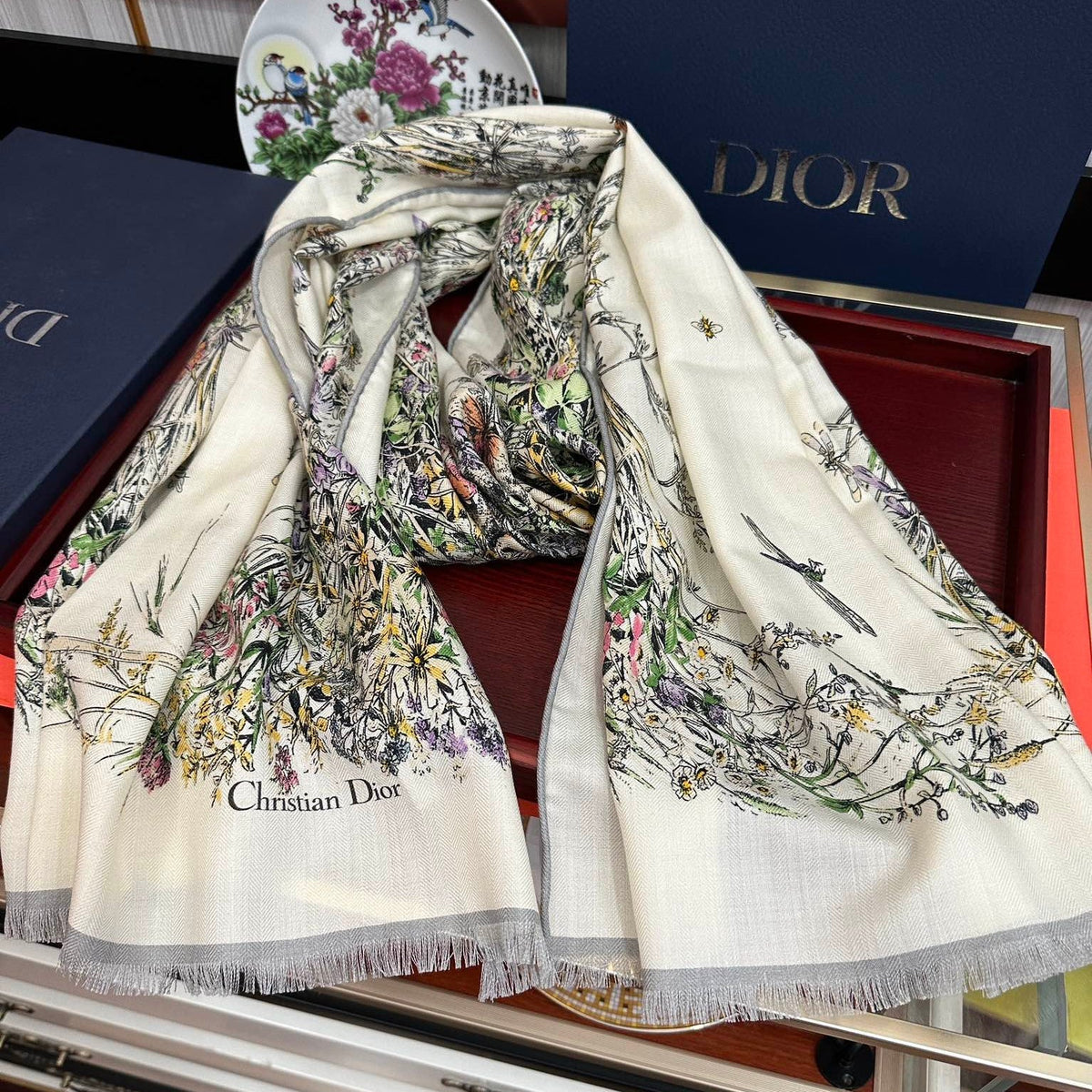 CD Double-Sided Scarf 185cm Ivory Multicolor Cashmere 153119