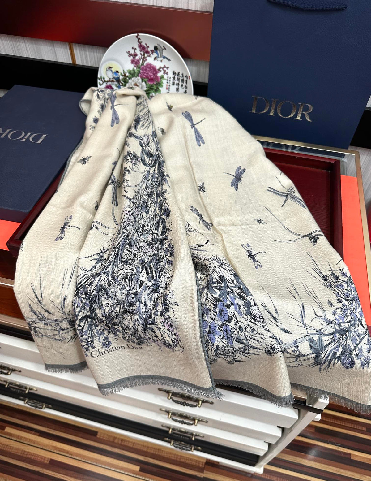 CD Double-Sided Scarf 185cm Ivory Blue Cashmere 153120