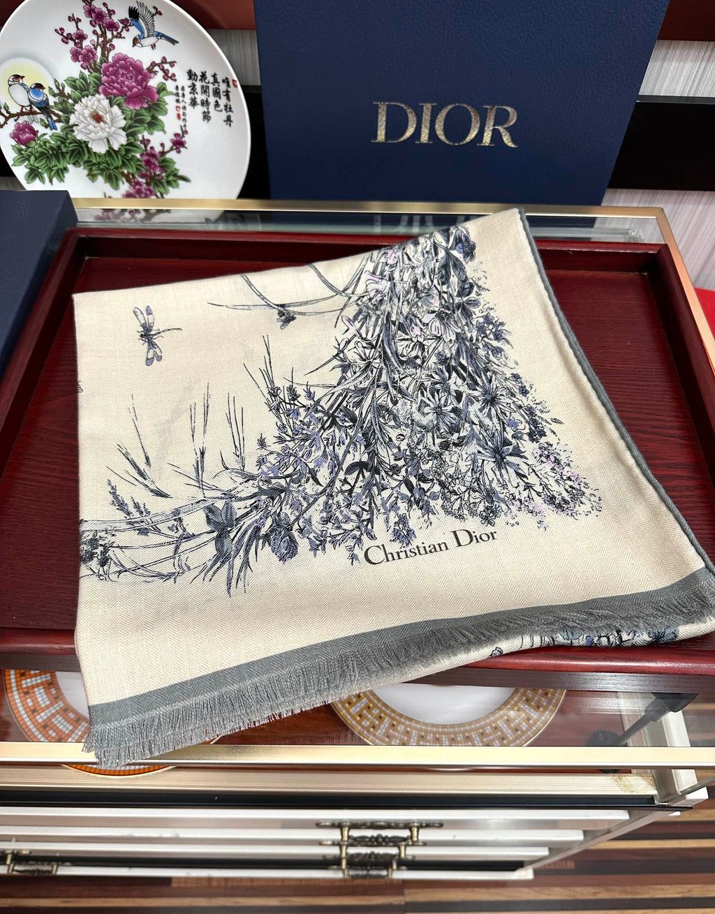CD Double-Sided Scarf 185cm Ivory Blue Cashmere 153120