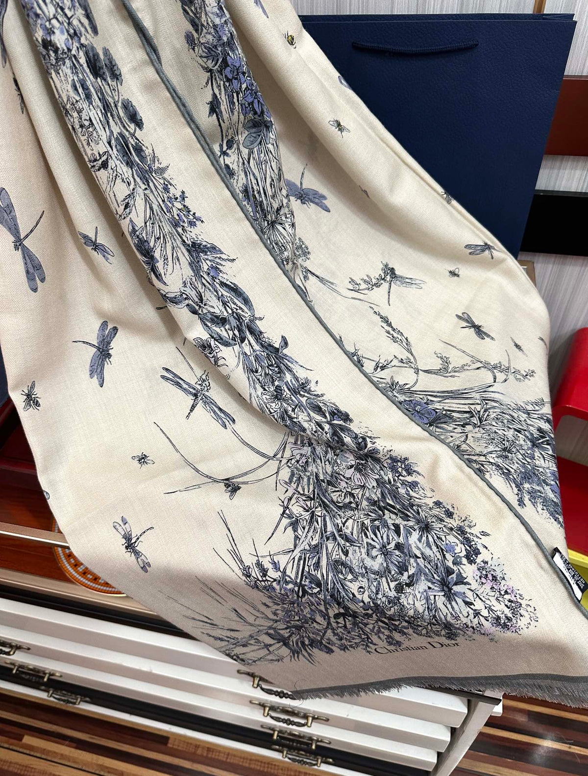 CD Double-Sided Scarf 185cm Ivory Blue Cashmere 153120