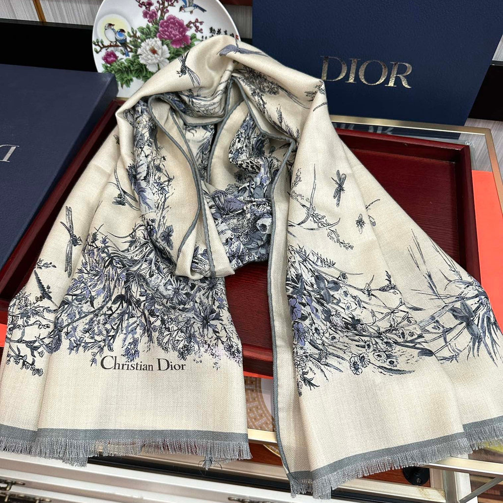 CD Double-Sided Scarf 185cm Ivory Blue Cashmere 153120