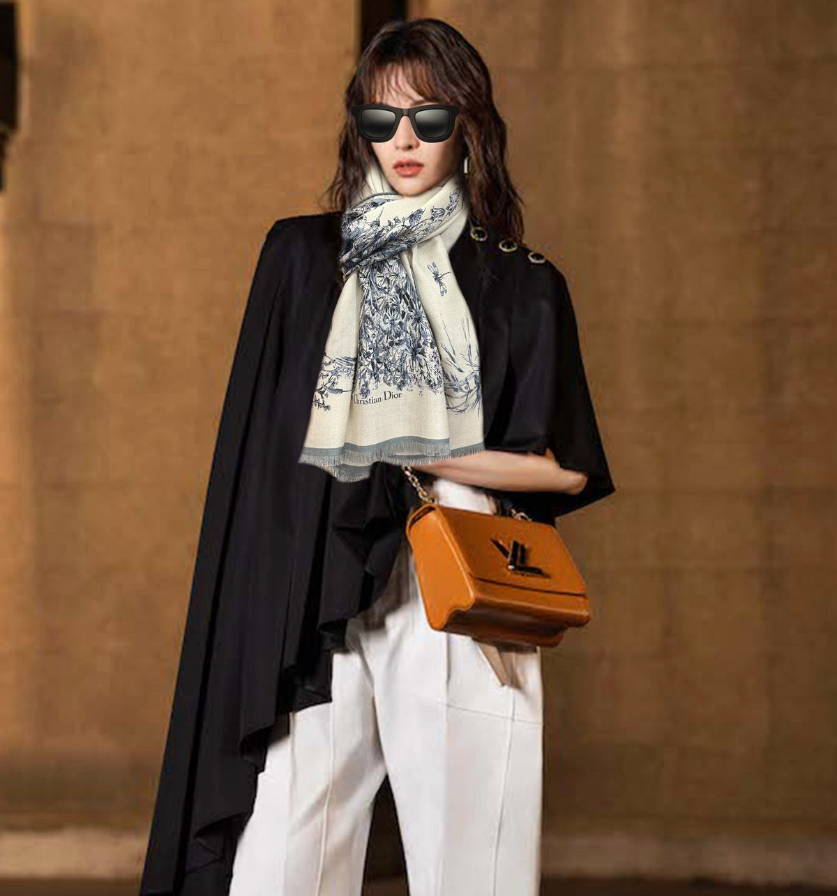CD Double-Sided Scarf 185cm Ivory Blue Cashmere 153120