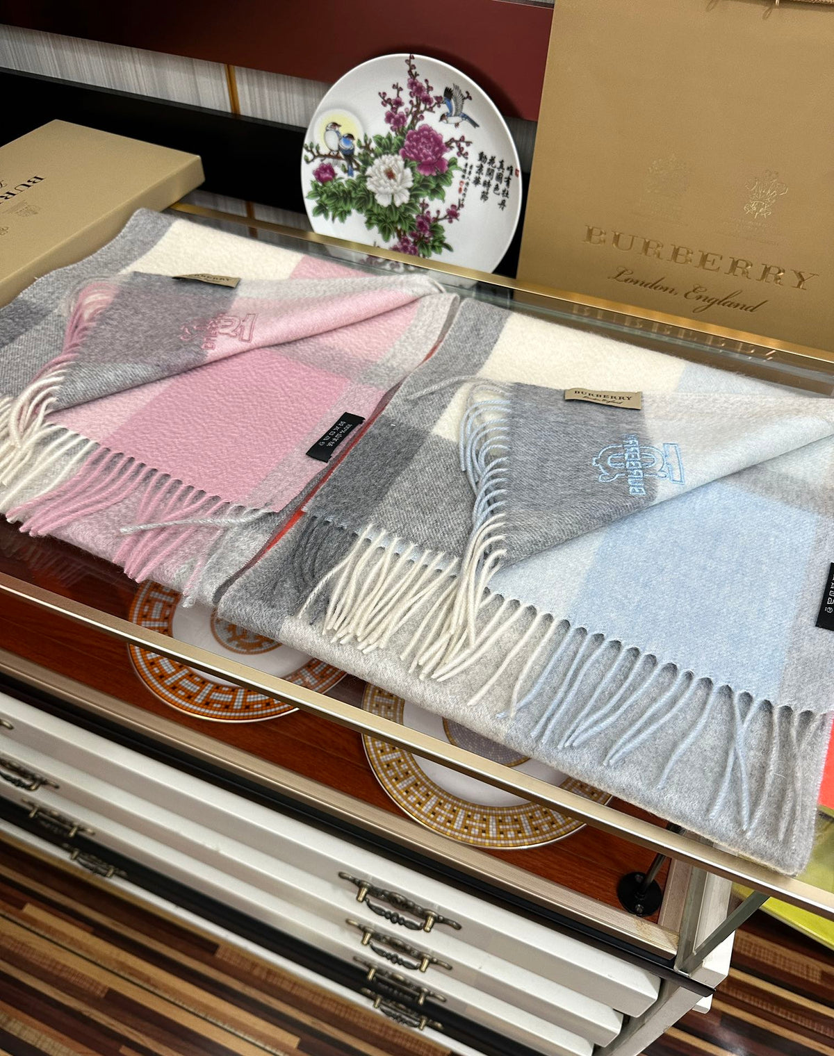 HM 26s Reversible Scarf 180cm Pale Blue Grey Cream Cashmere 153129