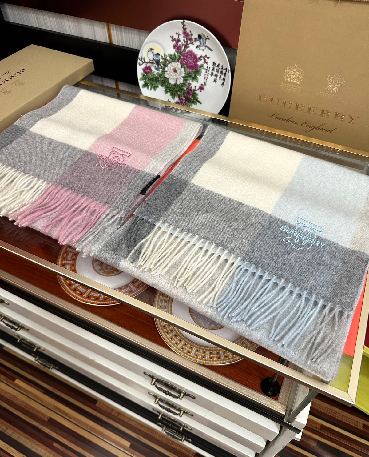 HM 26s Reversible Scarf 180cm Pink Grey Cream Cashmere 153130