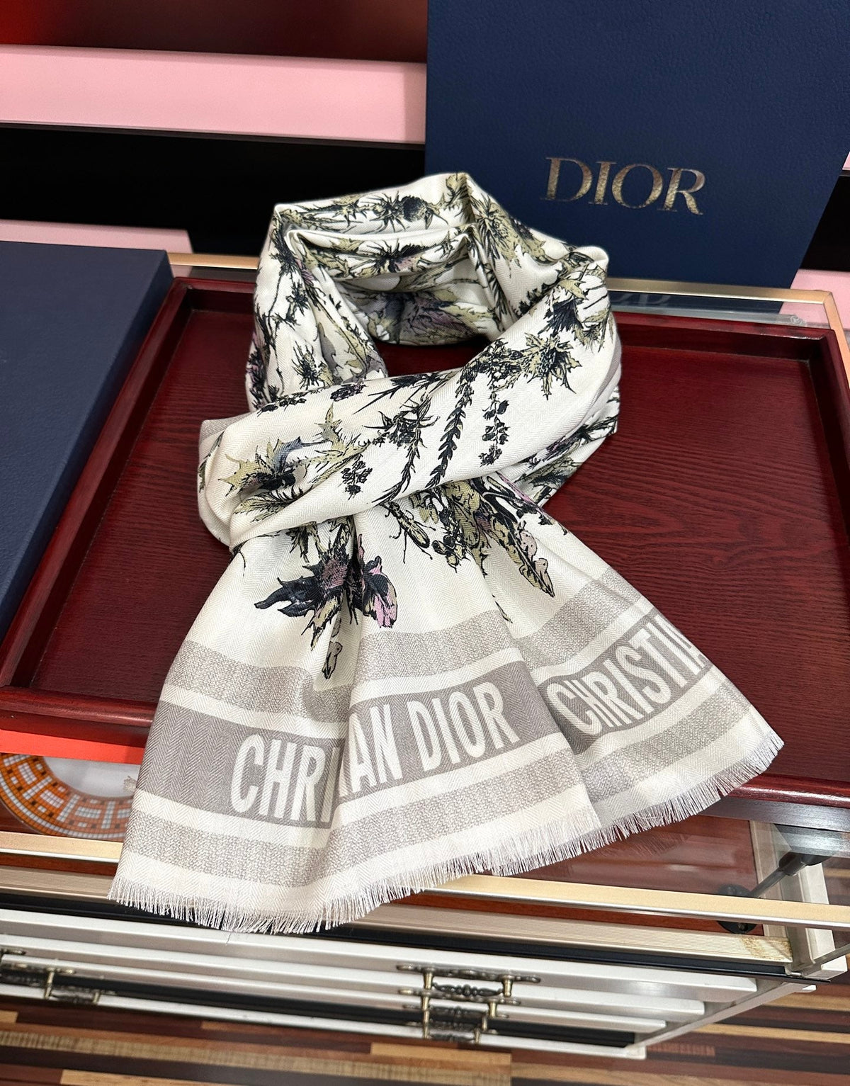 CD Double-Sided Chardons Scarf 185cm White Gray Cashmere 271211