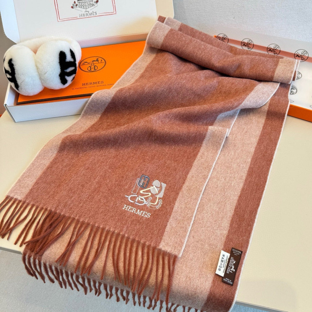 HM Classic Embroidered Scarf 185CM Dusty Rose Cashmere 292825