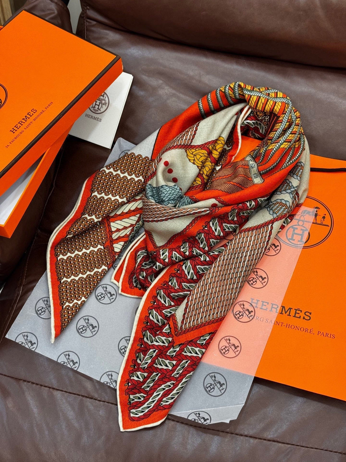 HM Dressage Tressage 140 CM Orange White Colorful Cashmere And Silk 293225