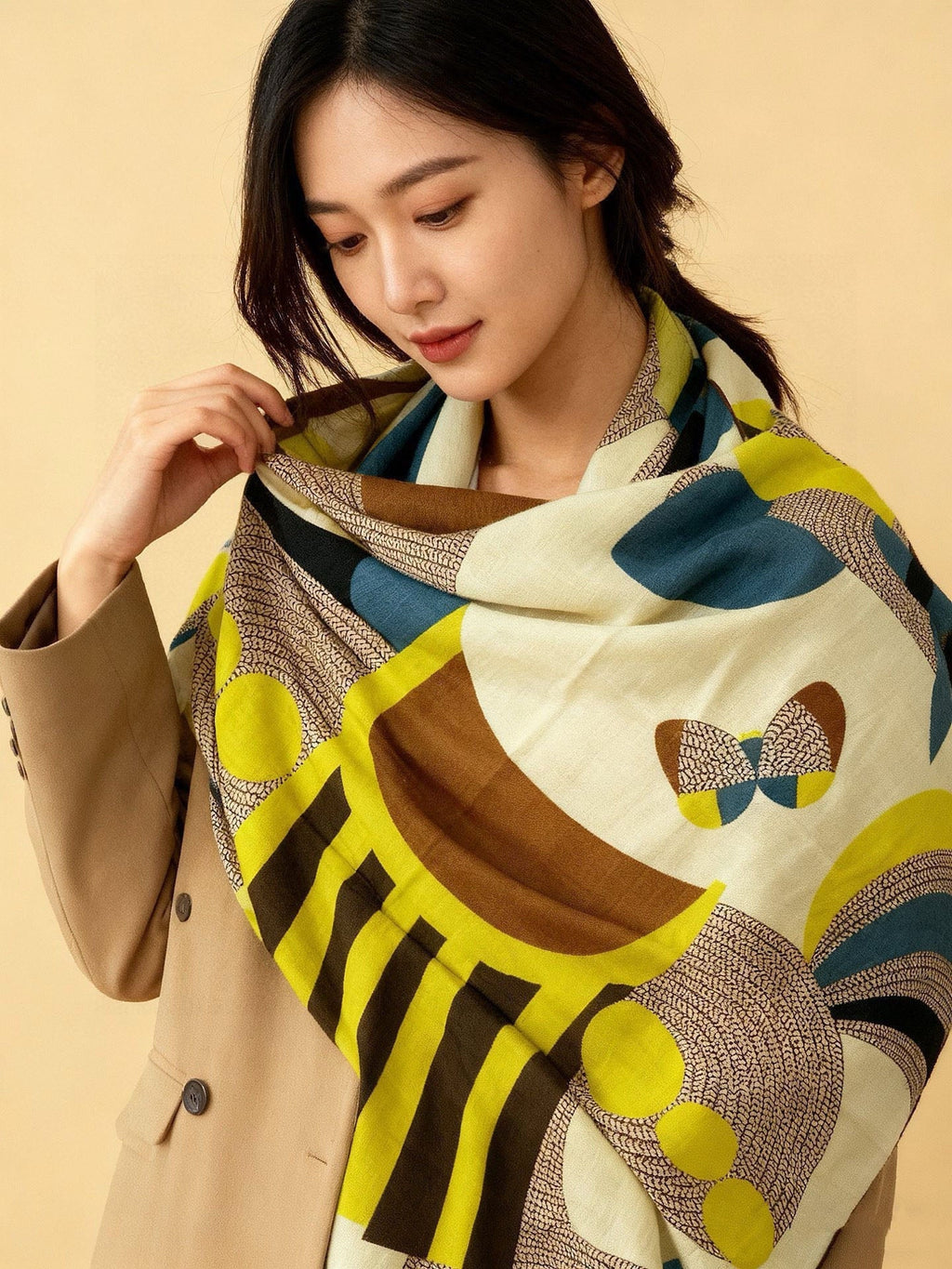 HM Mon Premier Galop Shawl 140cm Ivory Colorful Cashmere Silk 168119