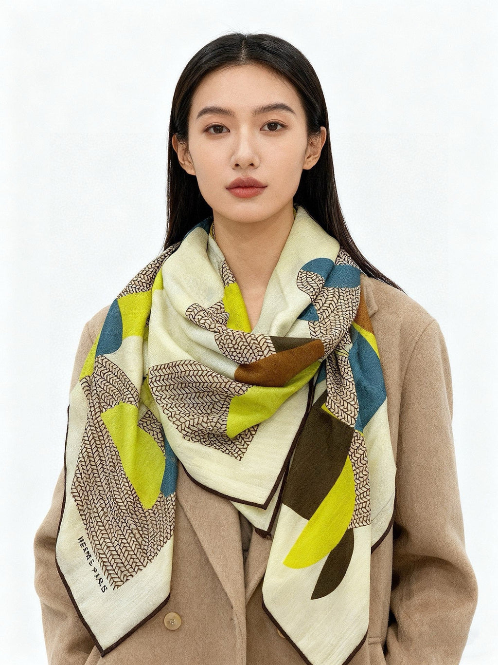 HM Mon Premier Galop Shawl 140cm Ivory Colorful Cashmere Silk 168119