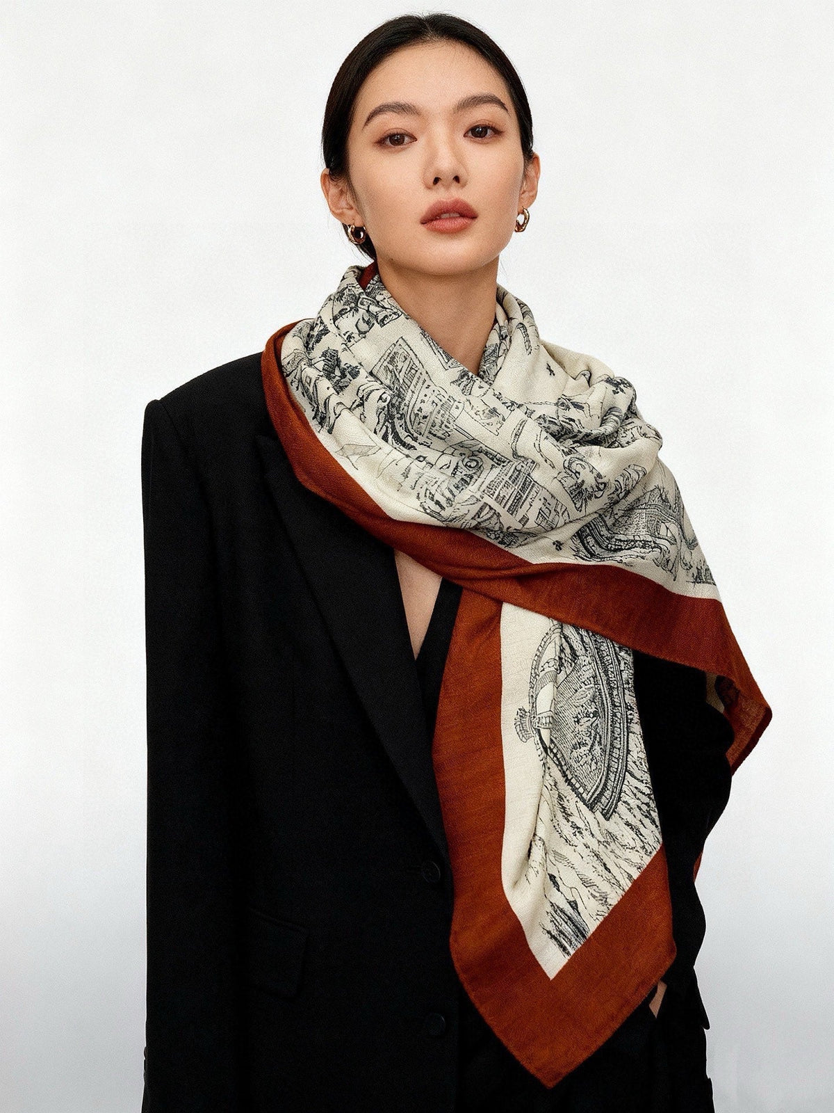 HM La Cité Cavalière shawl 140cm Brown Colorful Cashmere Silk 168120