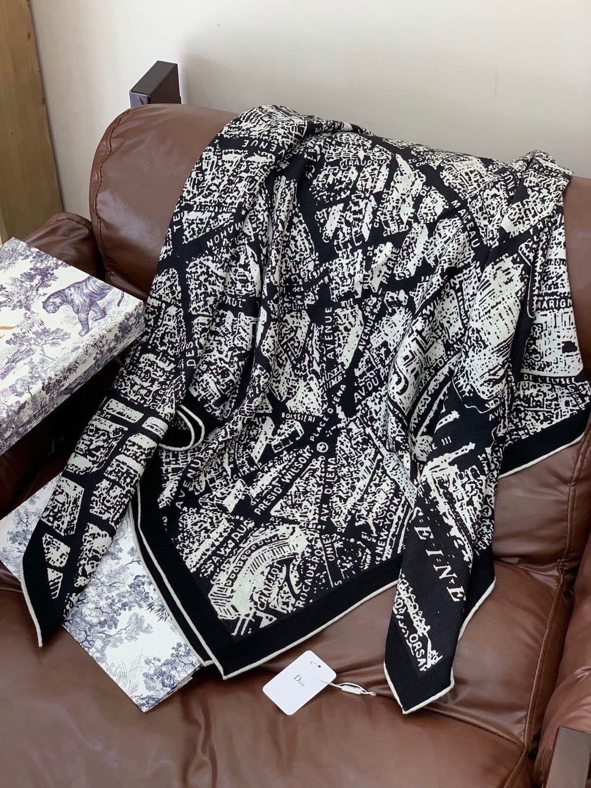 CD 26s Paris Map Scarf 140x140 Black Mulberry Silk Cashmere 328855