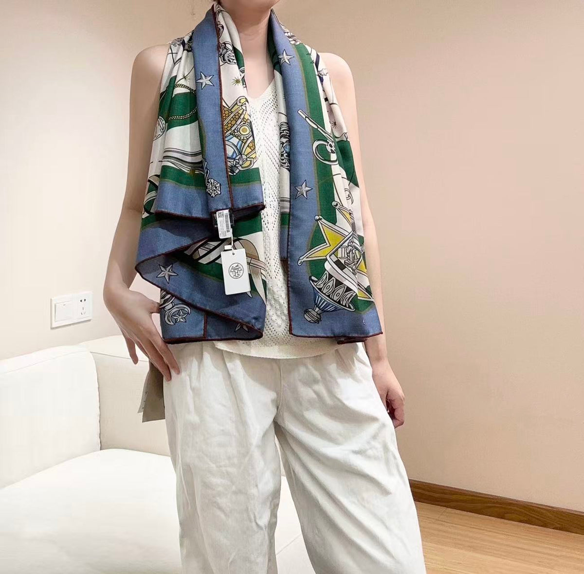HM Creative Origins Scarf 135CM Blue White Cashmere Silk 969435