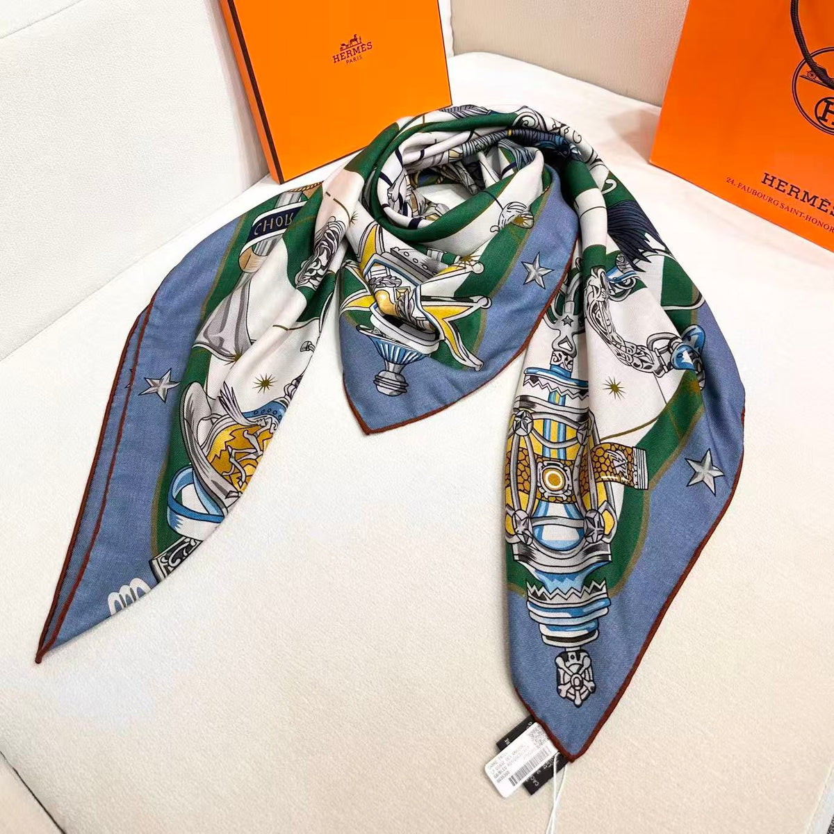 HM Creative Origins Scarf 135CM Blue White Cashmere Silk 969435