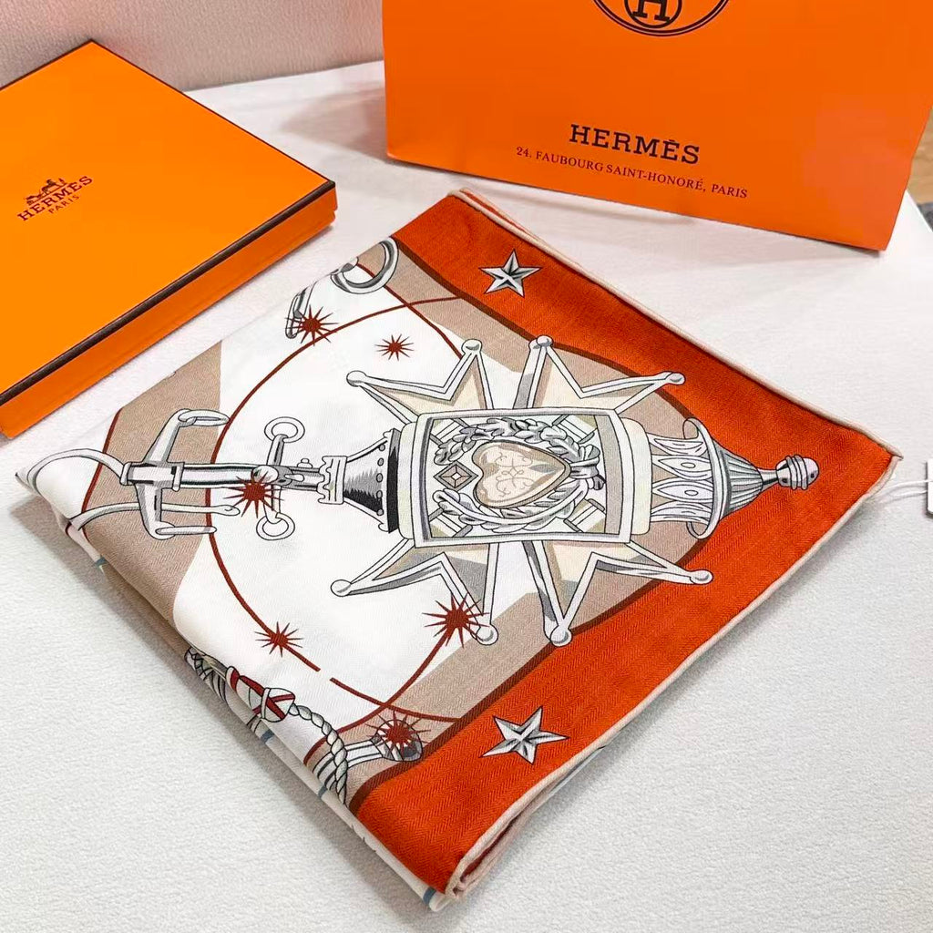 HM Creative Origins Scarf 135CM Orange White Cashmere Silk 969436