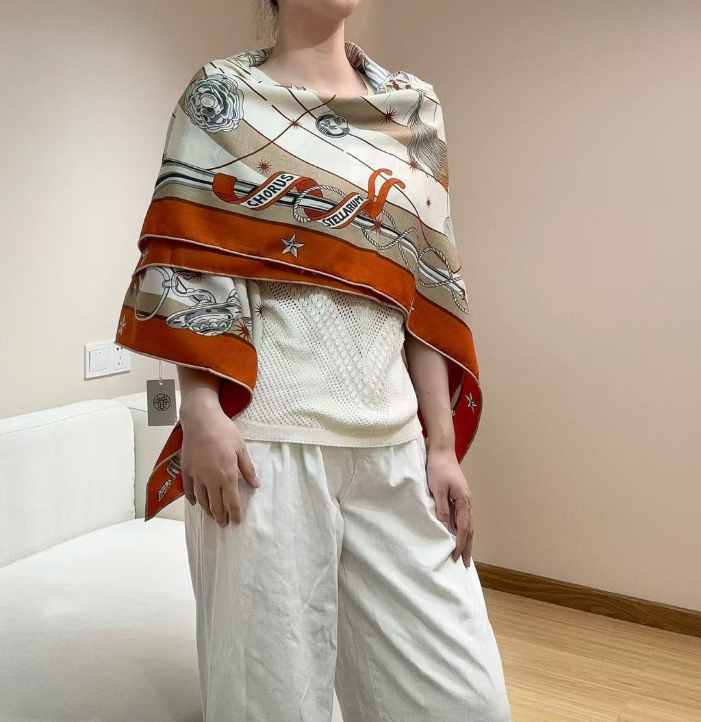 HM Creative Origins Scarf 135CM Orange White Cashmere Silk 969436