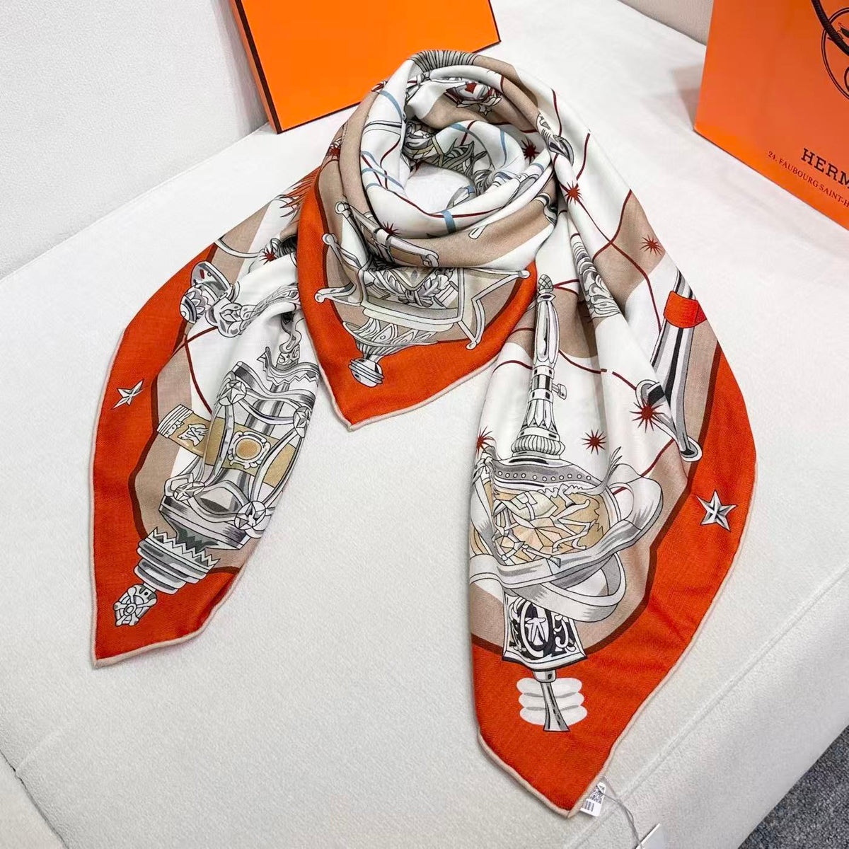 HM Creative Origins Scarf 135CM Orange White Cashmere Silk 969436