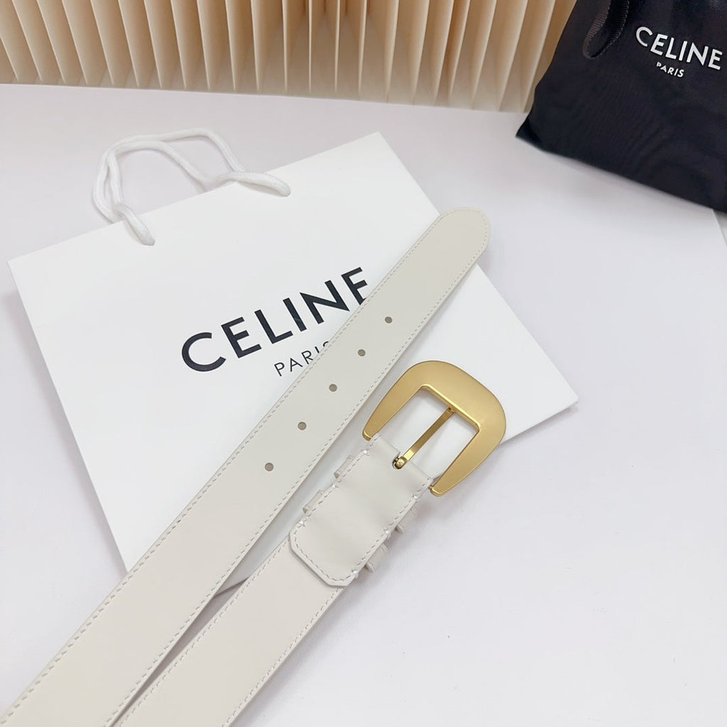 LARGE WESTERN 35 MM BELT WHITE CALFSKIN GOLD HARDWARE