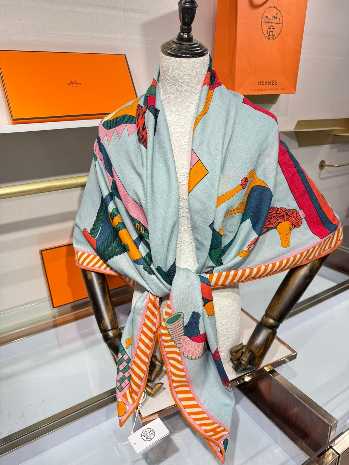 HM A Toute Allure Scarf 140 Light Blue Orange Cashmere Silk 200689