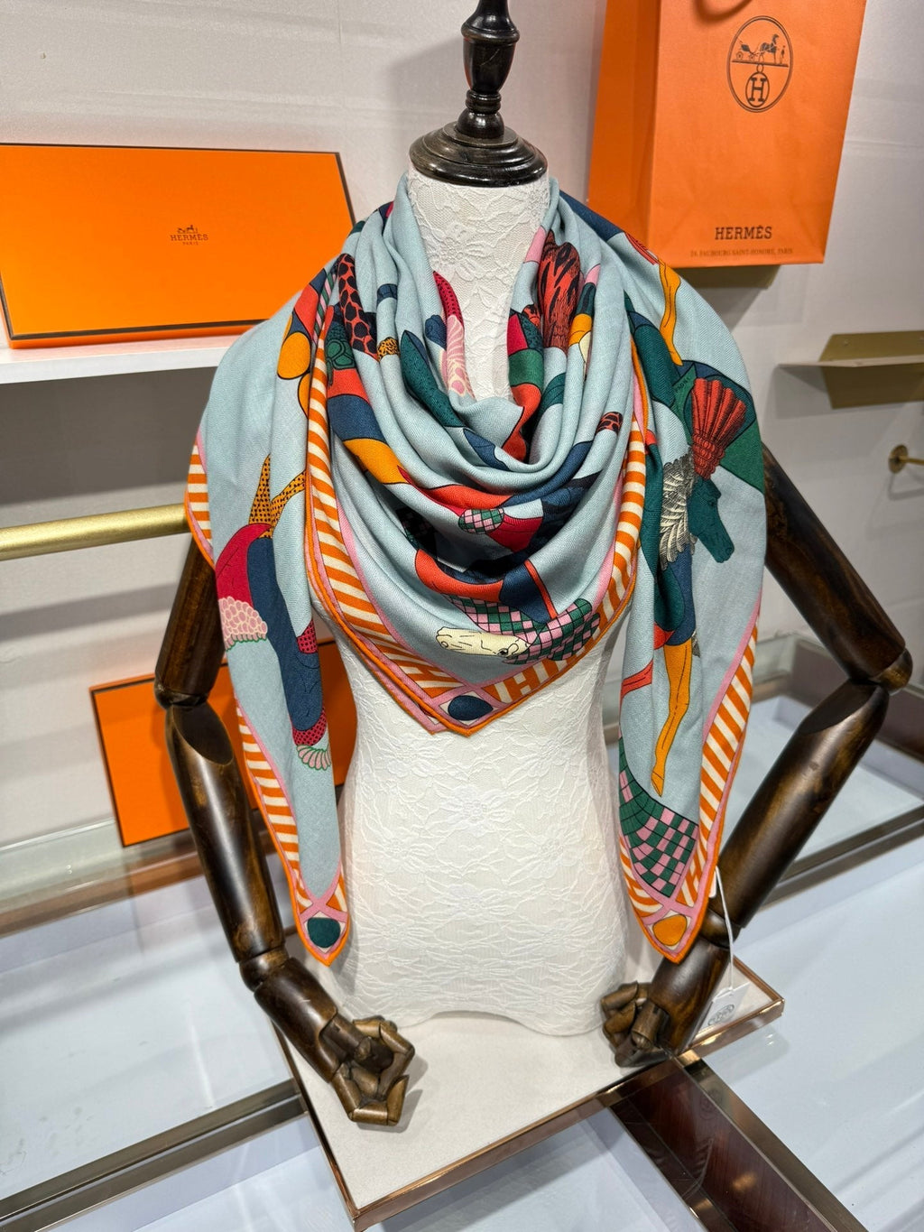 HM A Toute Allure Scarf 140 Light Blue Orange Cashmere Silk 200689