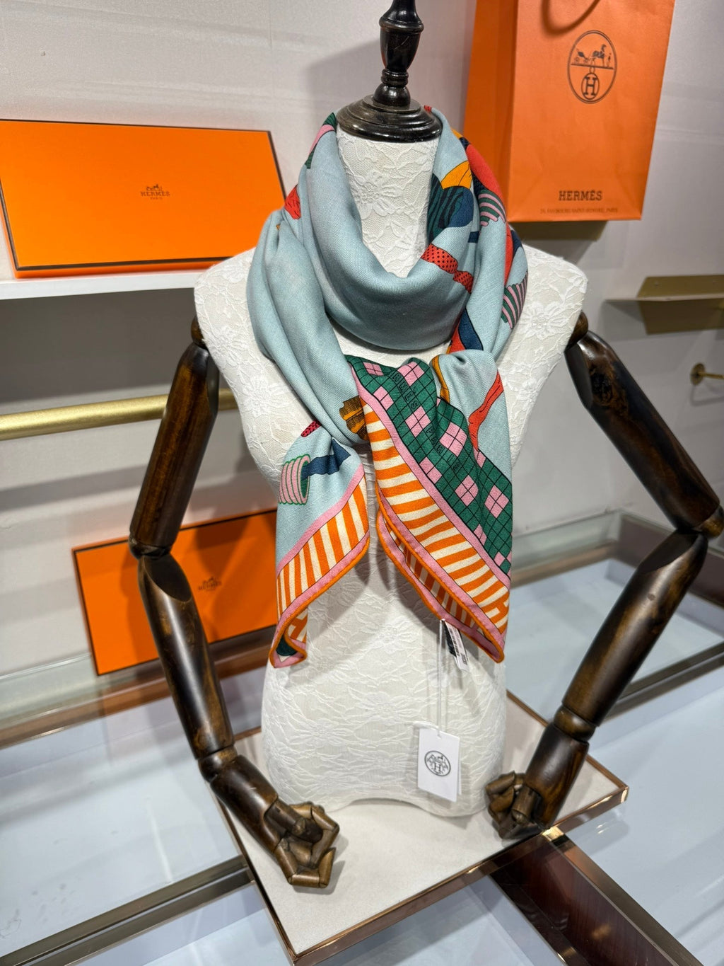 HM A Toute Allure Scarf 140 Light Blue Orange Cashmere Silk 200689