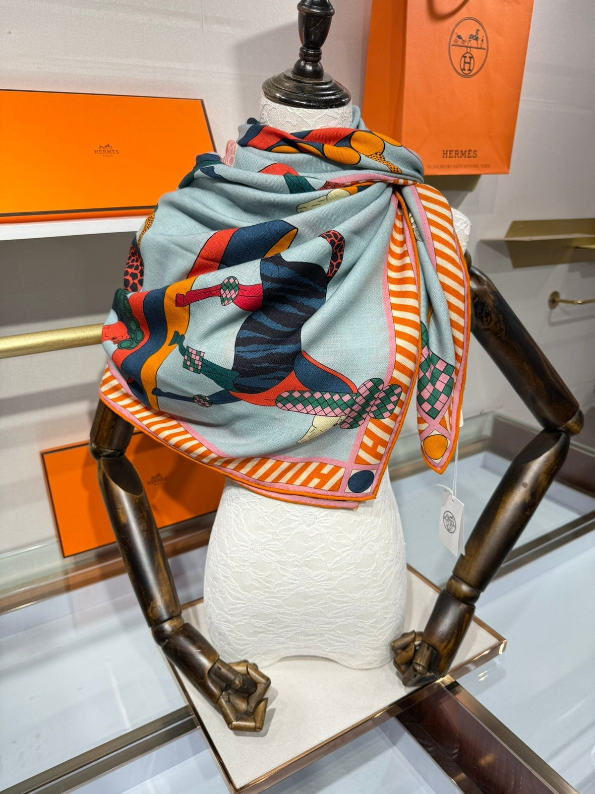 HM A Toute Allure Scarf 140 Light Blue Orange Cashmere Silk 200689