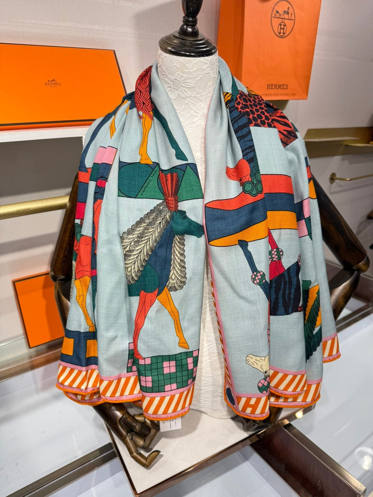 HM A Toute Allure Scarf 140 Light Blue Orange Cashmere Silk 200689