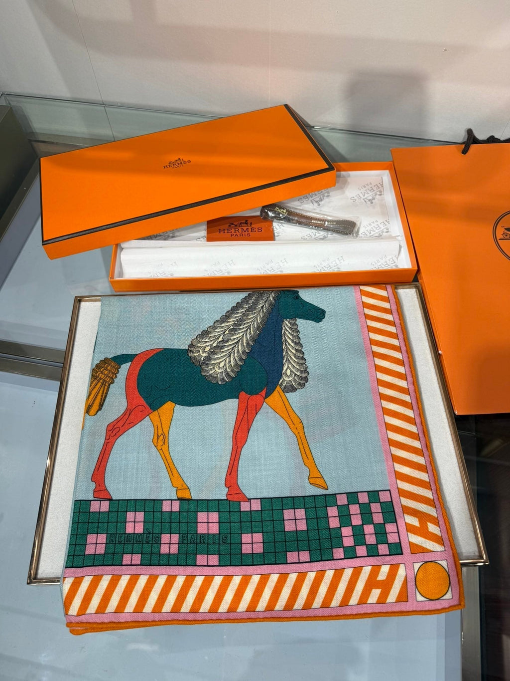 HM A Toute Allure Scarf 140 Light Blue Orange Cashmere Silk 200689