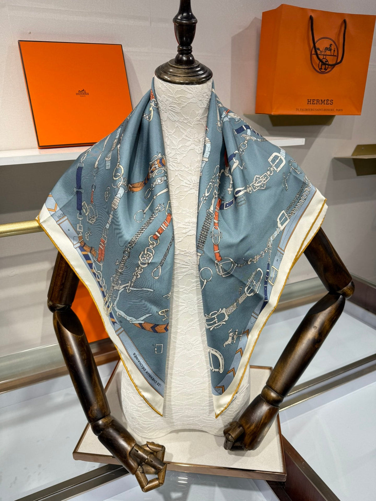 HM Les Chevaux Scarf 90x90 Blue Colorful Twill Silk 209502