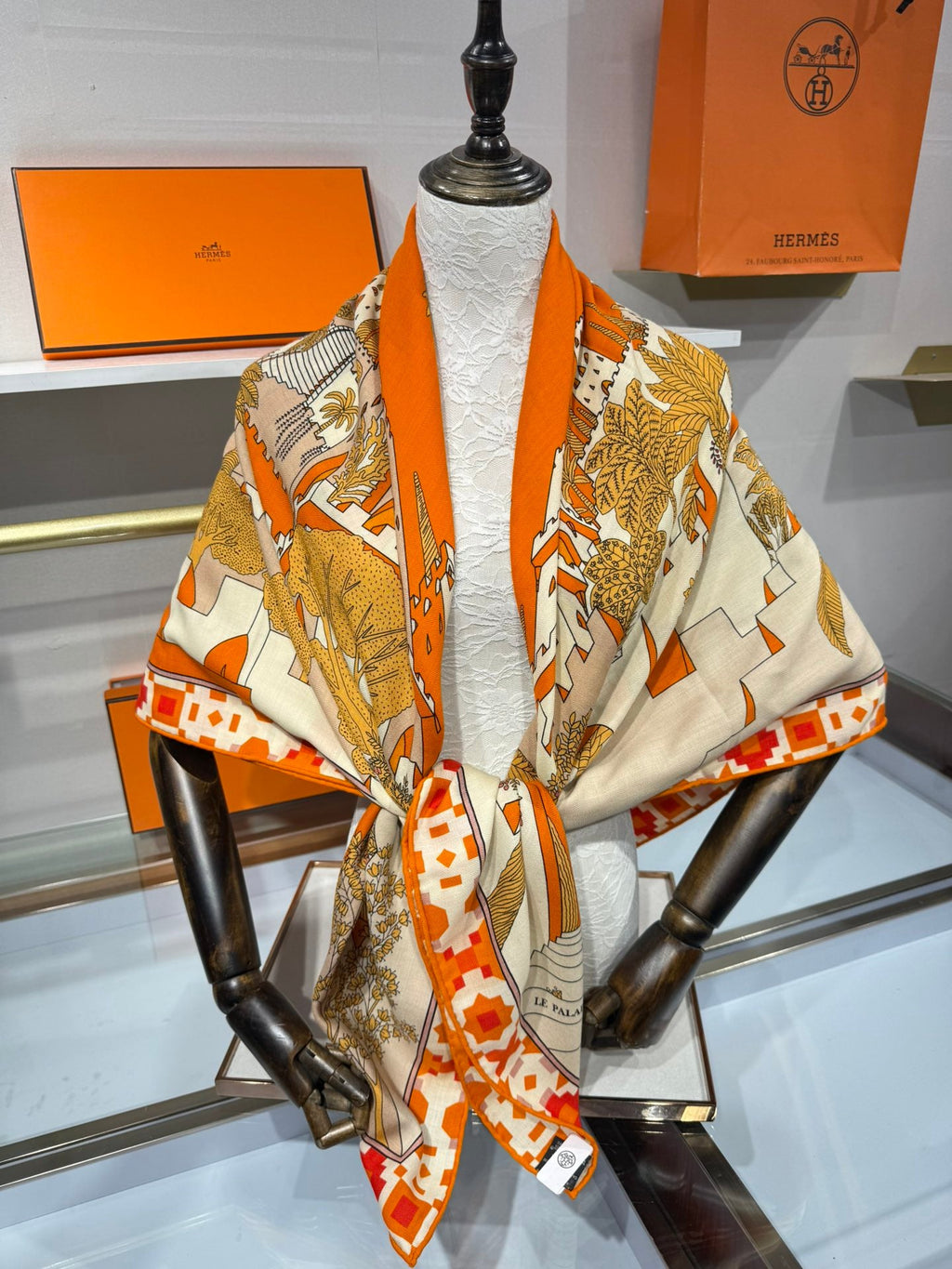 HM Le Palais Des Quatre Vents Shawl 140 Orange Colorful Silk Cashmere