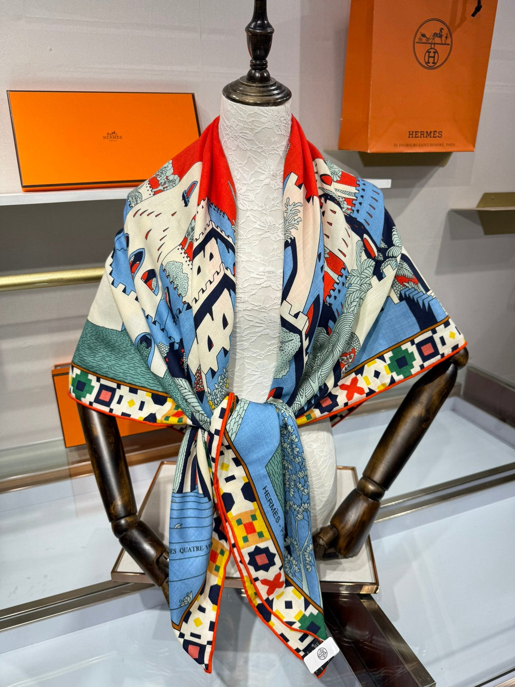 HM Le Palais Des Quatre Vents Shawl 140 Blue Colorful Silk Cashmere