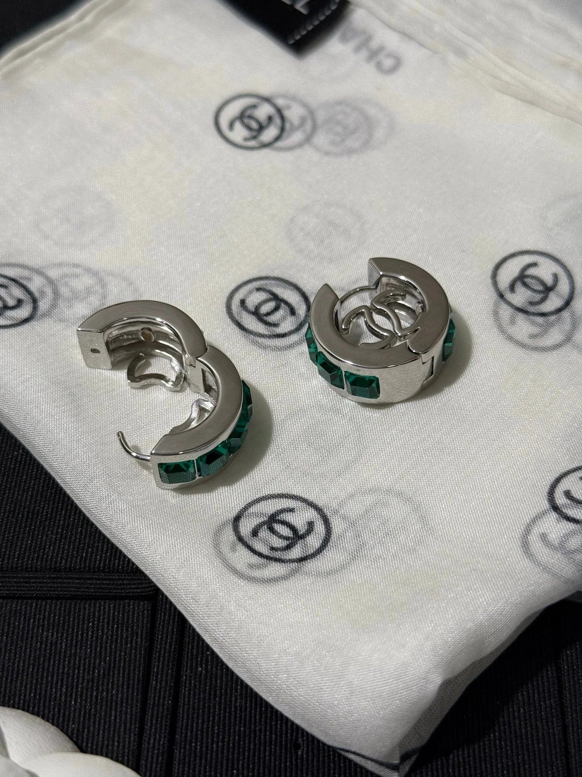 Chanel 2026 Emerald Square Diamond Silver Double C Hoop Earrings Stud Earrings