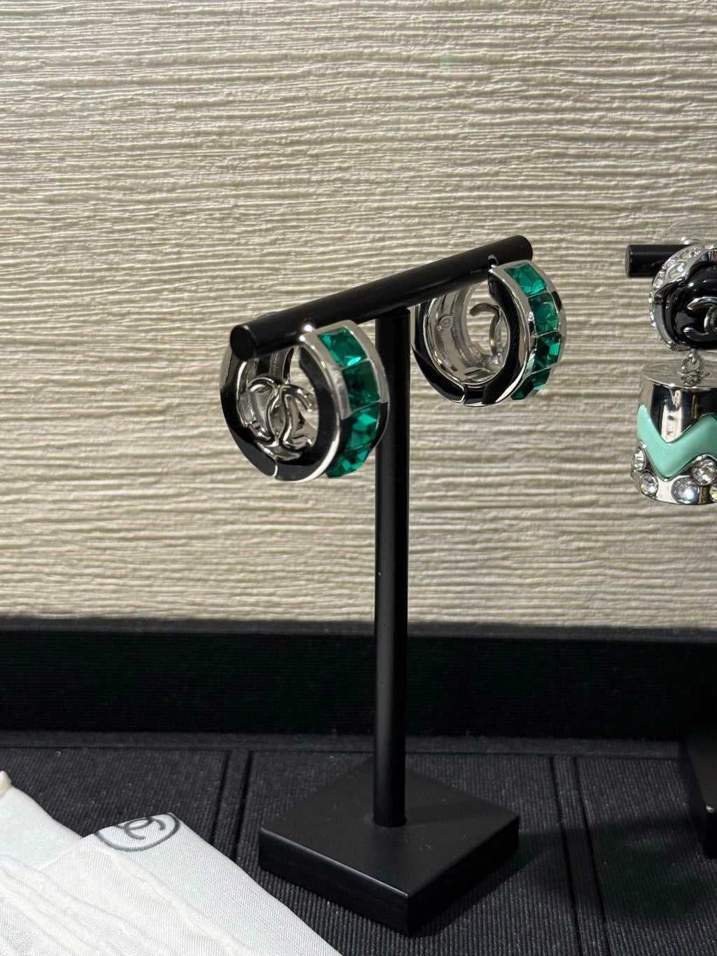 Chanel 2026 Emerald Square Diamond Silver Double C Hoop Earrings Stud Earrings