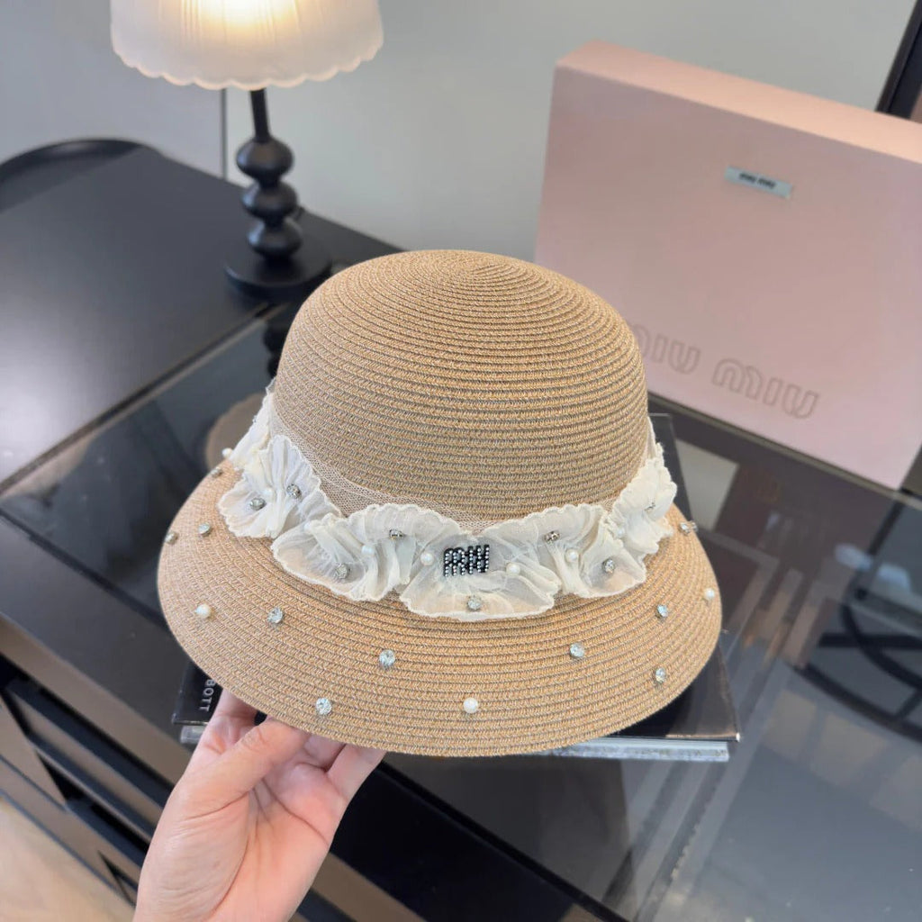 Miu Miu Straw Hat With Lace And Rhinestone 278290