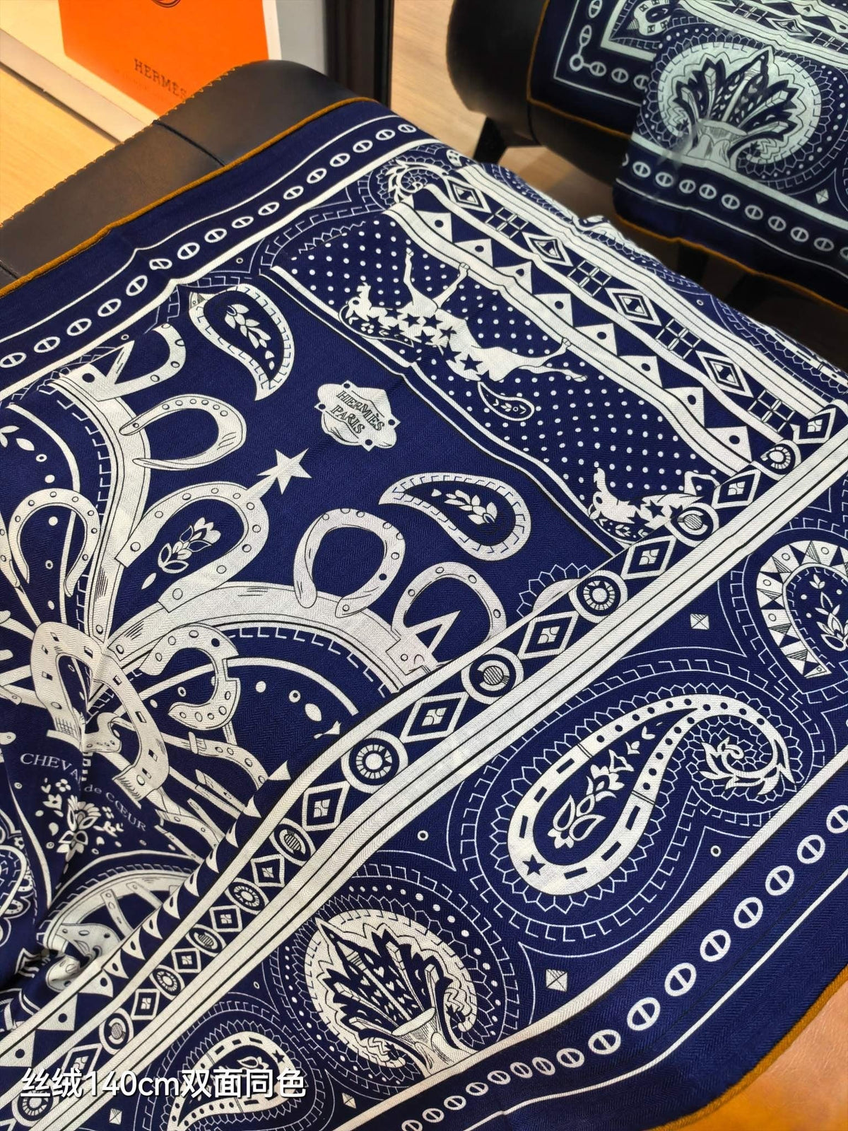 HM 26s Heart Horse Scarf 140 Navy Blue Cashmere Silk 139236