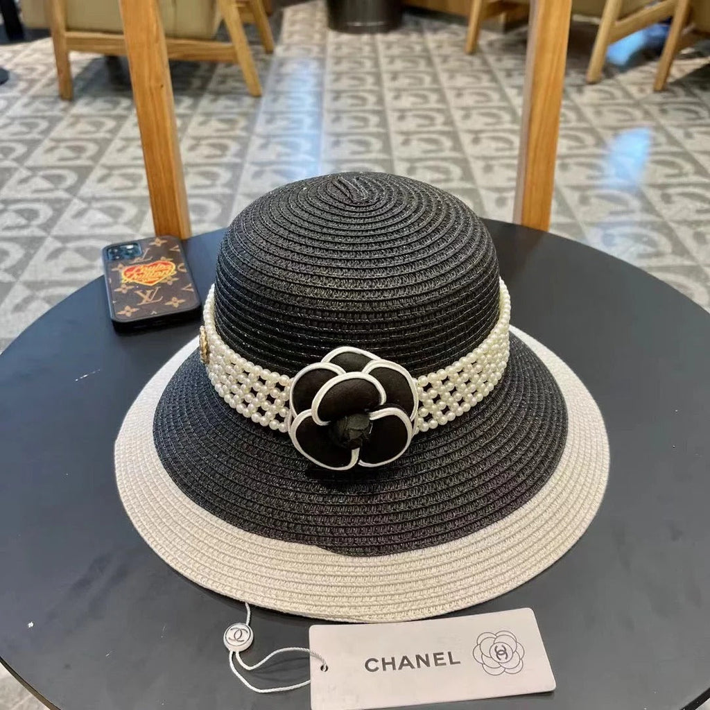 STRAW BUCKET HAT BLACK WITH PEARLS 672762