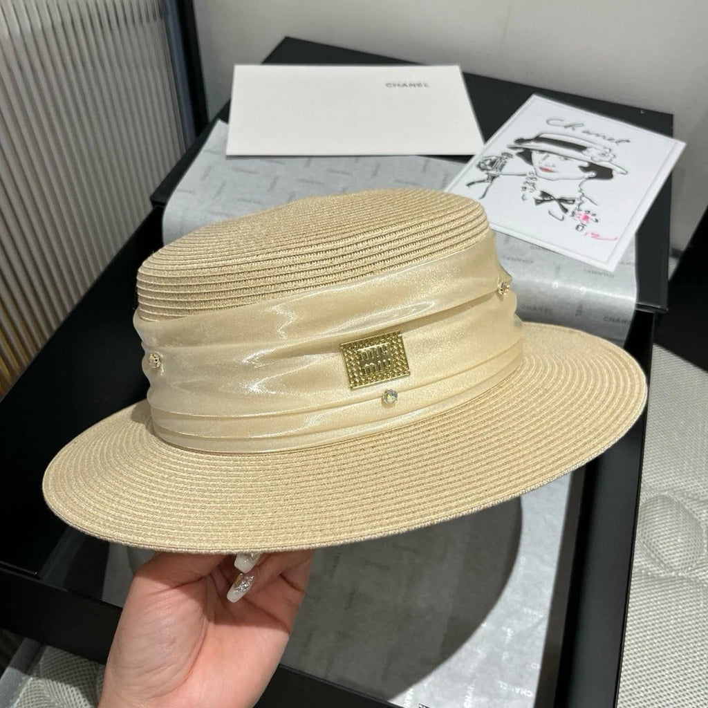 MM STRAW HAT IN LIGHT BEIGE WITH RHINESTONE EMBELLISHED