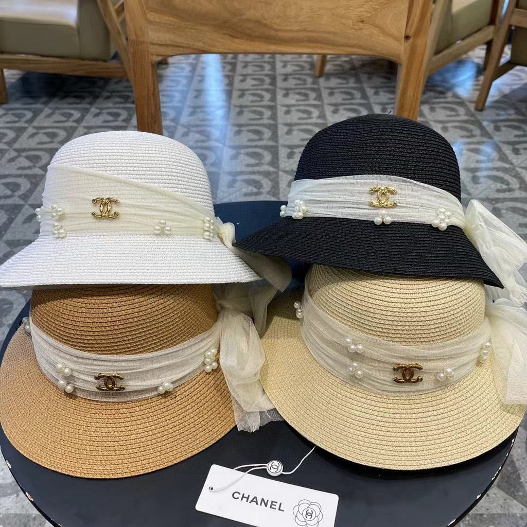 STRAW HAT BOW WITH PEARL BROWN 672697