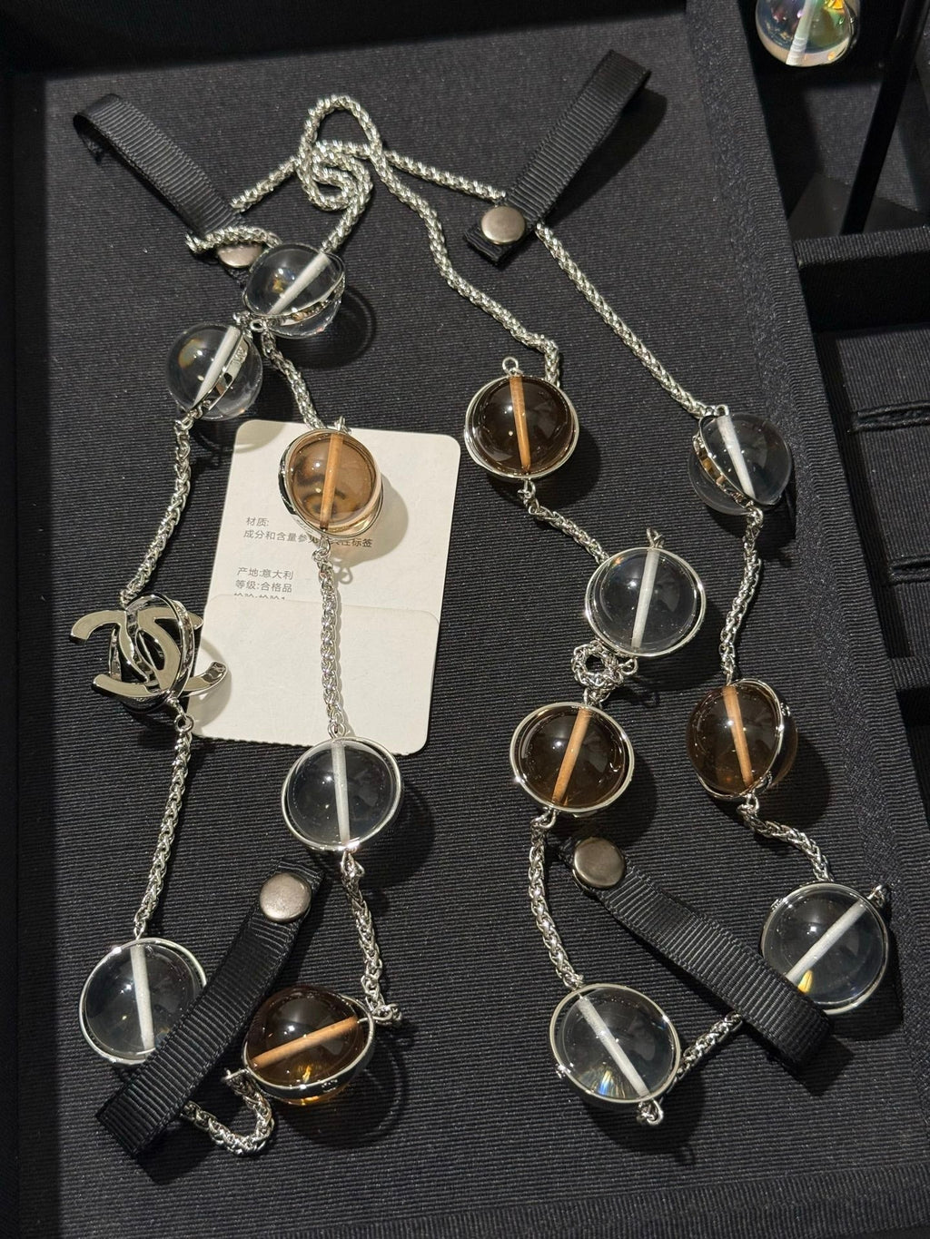 Chanel 2026 Transparent Crystal Ball Planet Silver Double C Long Necklace