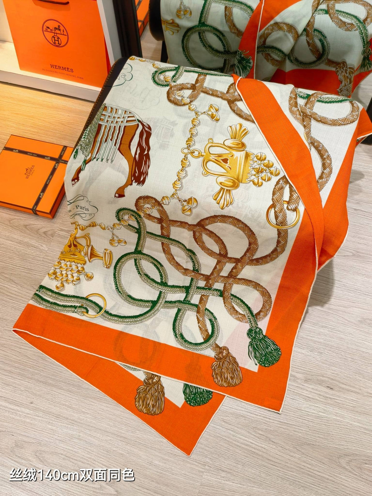 HM 26ss Double Sided Scarf 90 Orange Green Beige Cashmere Silk 132455