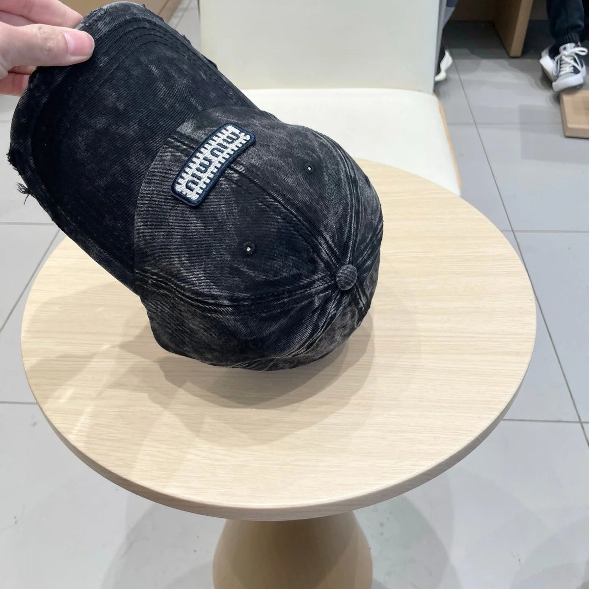 MM DISTRESSED FABRIC BASEBALL CAP IN BLACK WITH EMBROIDERED LOGO
