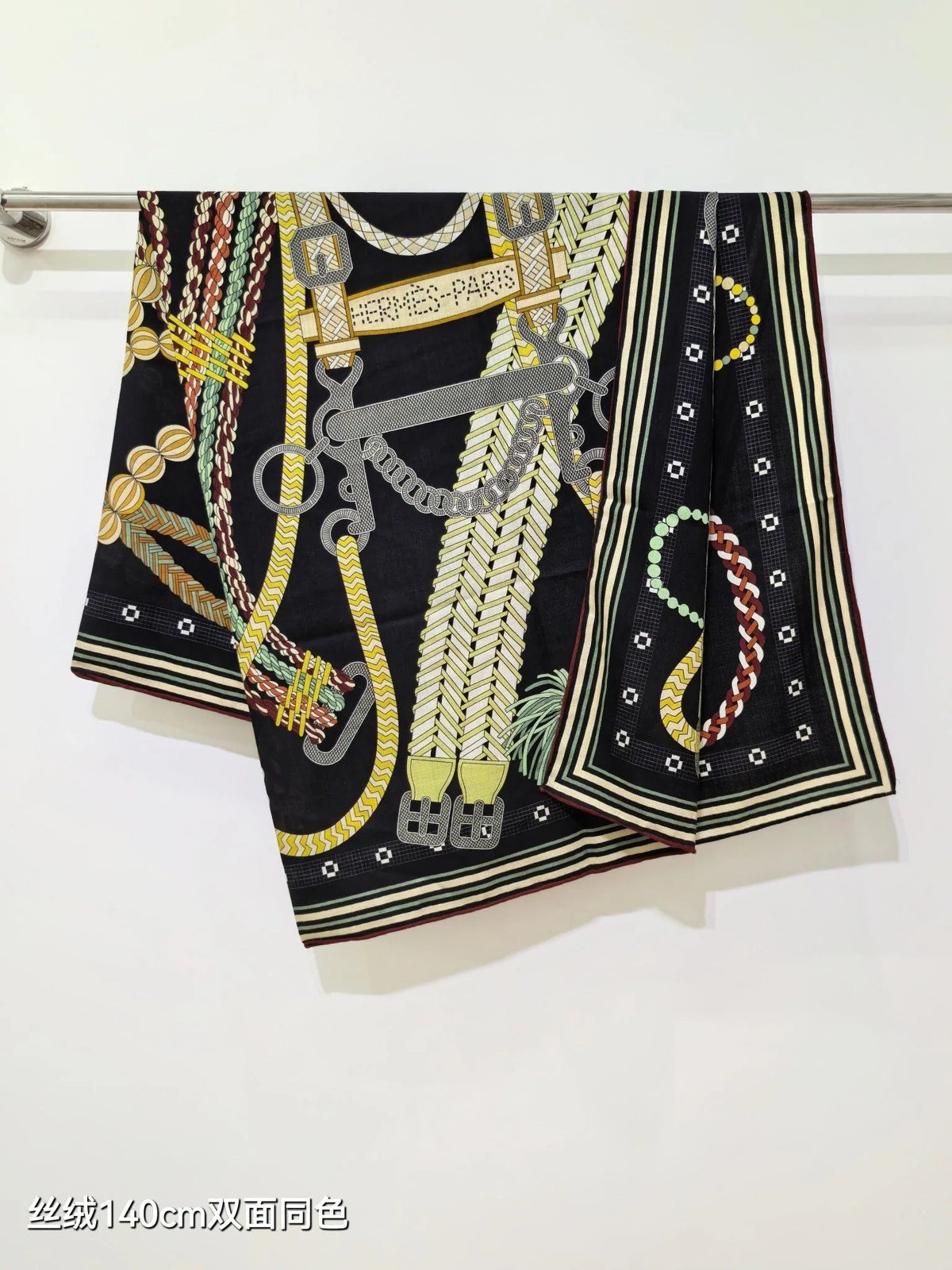 HM 26ss Double Sided Scarf 140 Black Beige Colorful Cashmere Silk 132451
