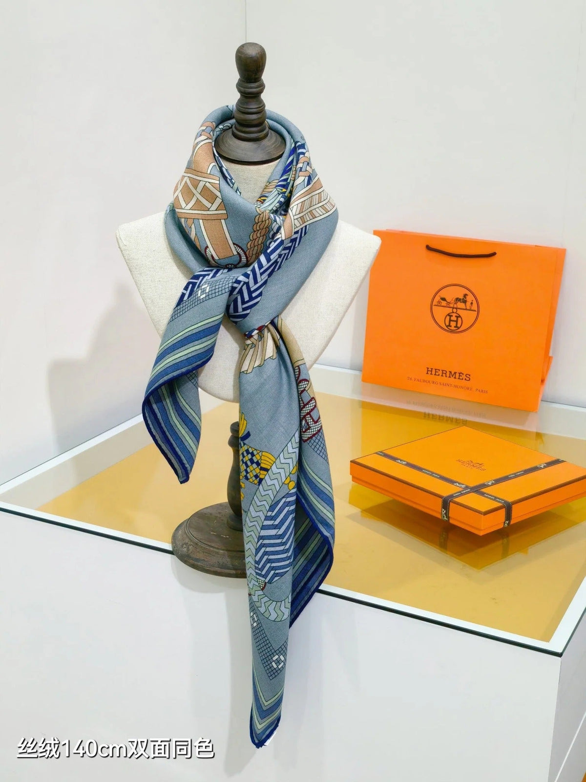 HM 26ss Double Sided Scarf 140 Blue Beige Colorful Cashmere Silk 132452