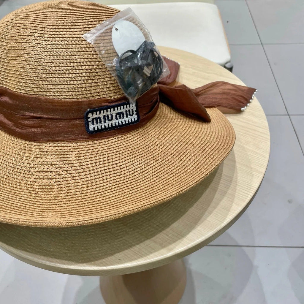 MM WIDE-BRIM BEACH HAT IN BEIGE WITH FABRIC BOW