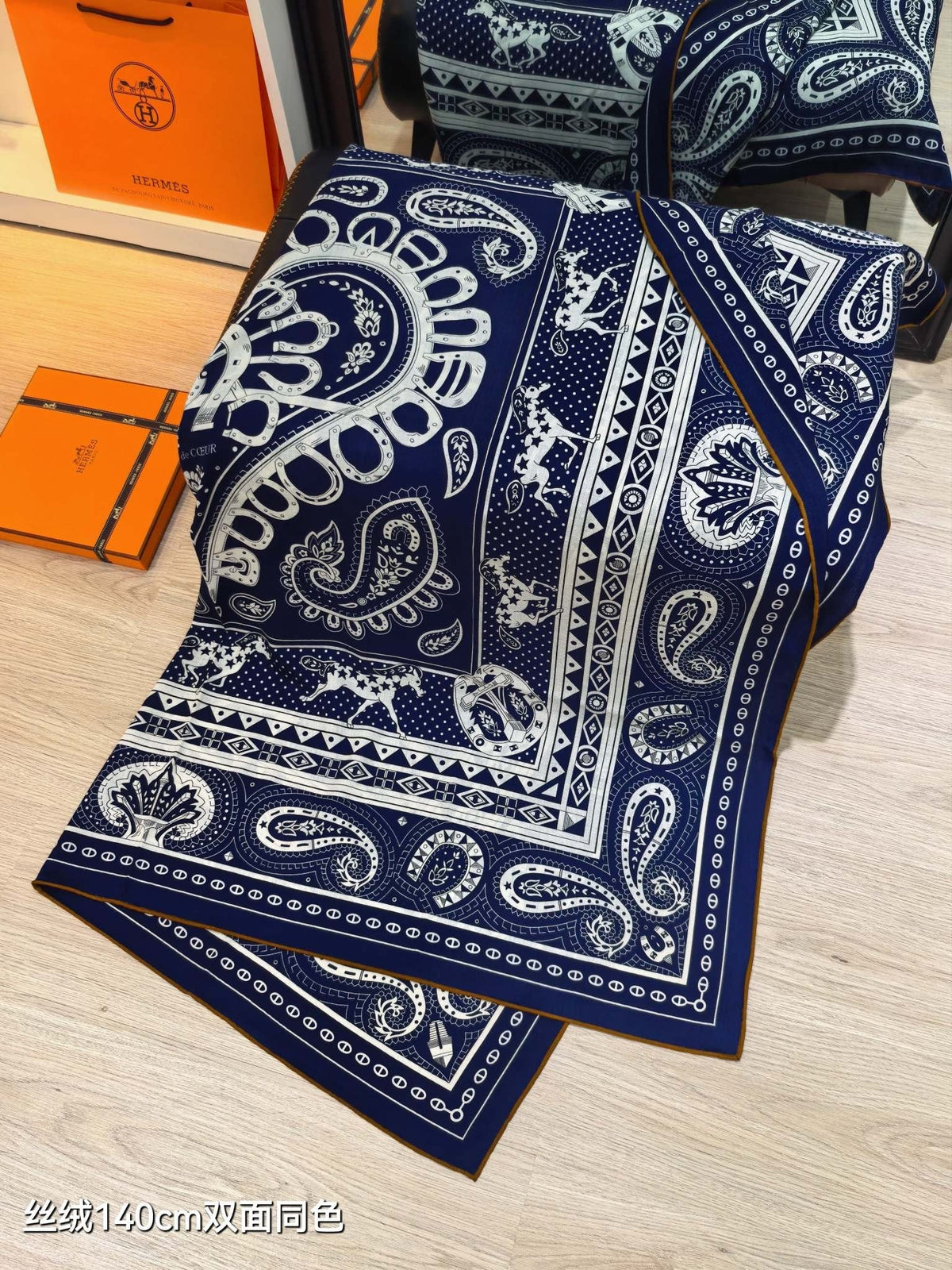 HM 26s Heart Horse Scarf 140 Navy Blue Cashmere Silk 139236