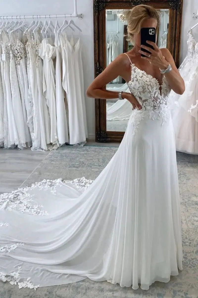 V-Neck White Boho Wedding Dress A-Line Long Chiffon with Lace Accents