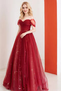 A-Line/Princess Tulle Long Prom Dress.Off the Shoulder Backless Evening Dress