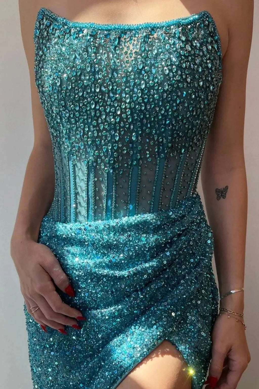 Sheath/Column Strapless Gold Long Lace Prom Dresses Sequins Sleeveless Prom Gown With Split