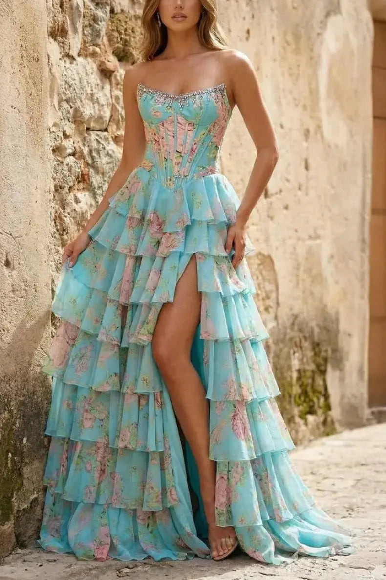 A Line Floral Chiffon Ruffled Prom Dresses With Beading