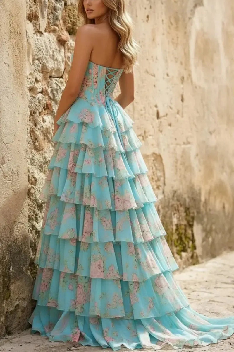 A Line Floral Chiffon Ruffled Prom Dresses With Beading