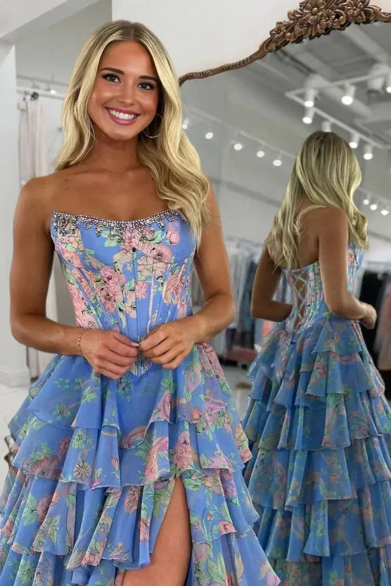 A Line Floral Chiffon Ruffled Prom Dresses With Beading
